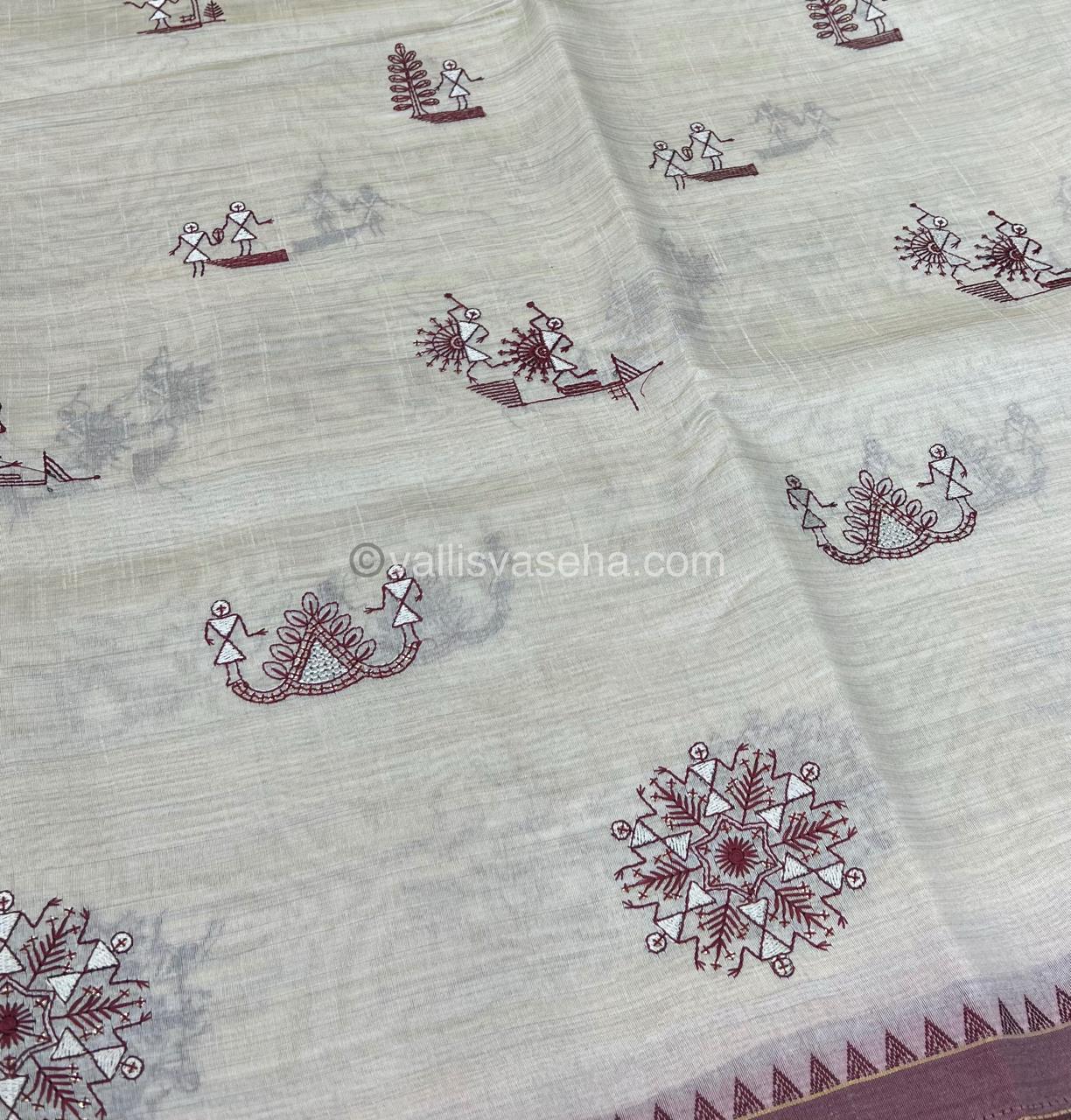 Semi Tussar Embroidery - Cream with Merun Combo - VVSTE001