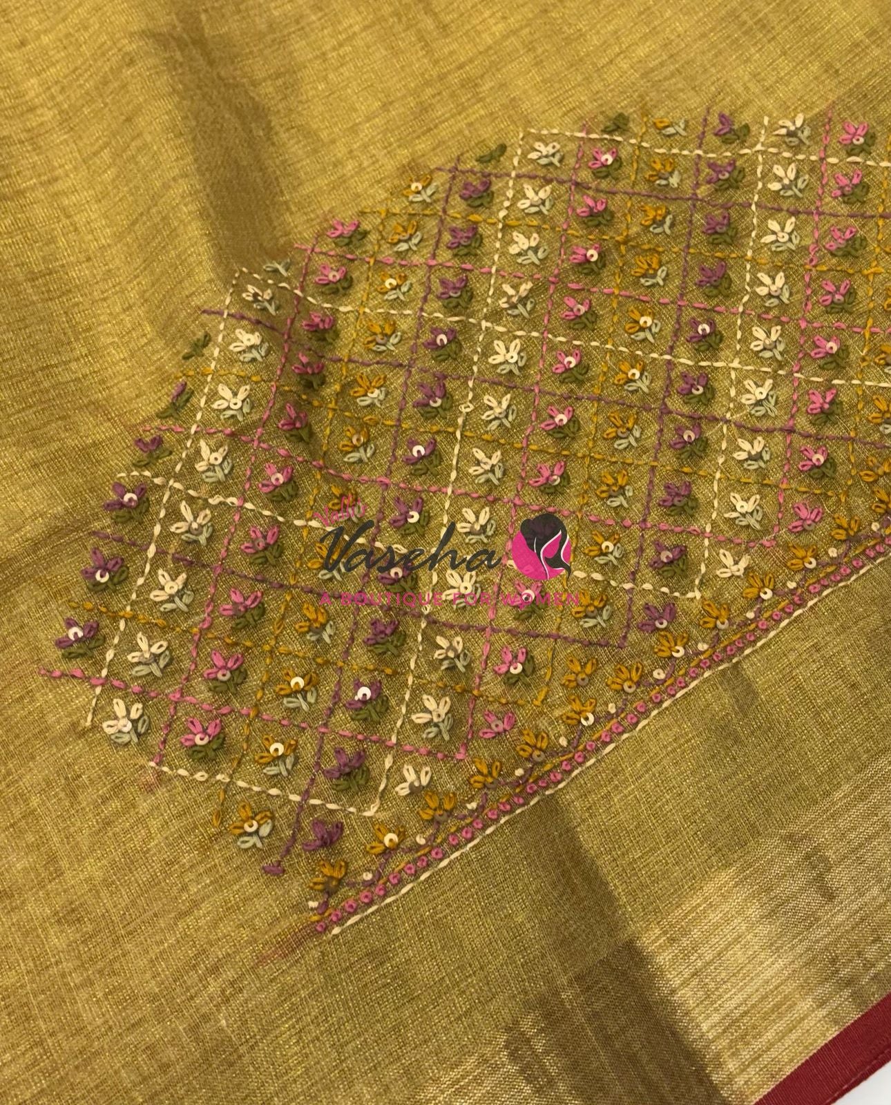French Knot - Linen Tissue Saree - Mustard Green Shade - Heavy Work Blouse - VVLFN016