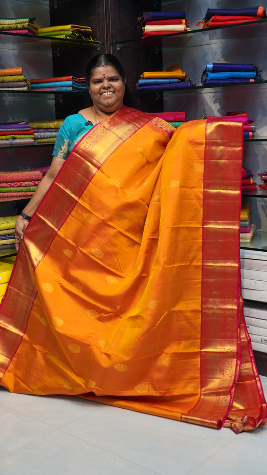 Pure Kanchipuram Silk Saree - Double tone Golden Yellow Shade with Pink - VVPS008