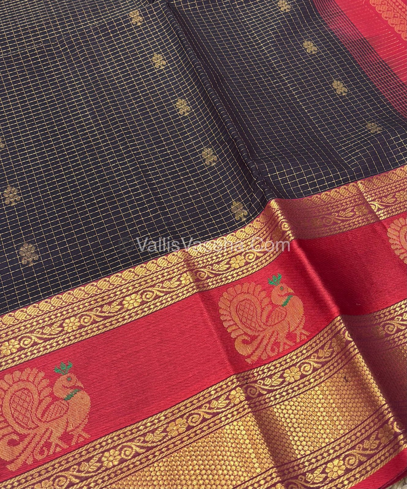 Pure Korvai Silk Cotton - Checks Pattern - Coffee Brown With Red Shade  - VVKSC034