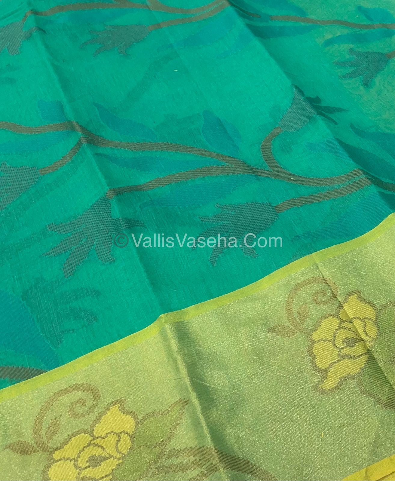 Banarasi Pochampally Weaving Semi Soft Cotton Saree - Green with Yellow - VVBPS001