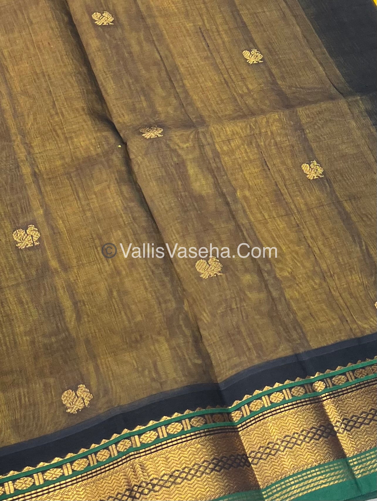 Pure Korvai Silk Cotton Saree - Yellow with Green & Black - VVKSC004