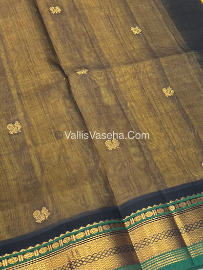 Pure Korvai Silk Cotton Saree - Yellow with Green & Black - VVKSC004