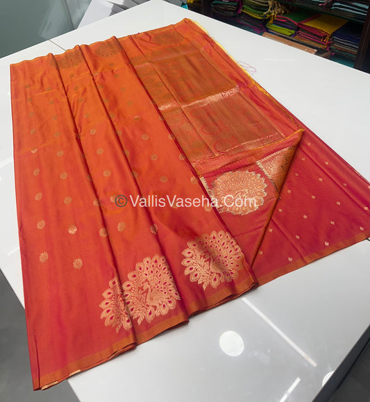 Semi Soft Silk - Peacock Butta Border - Peachish Orange Shade -VVSSS011