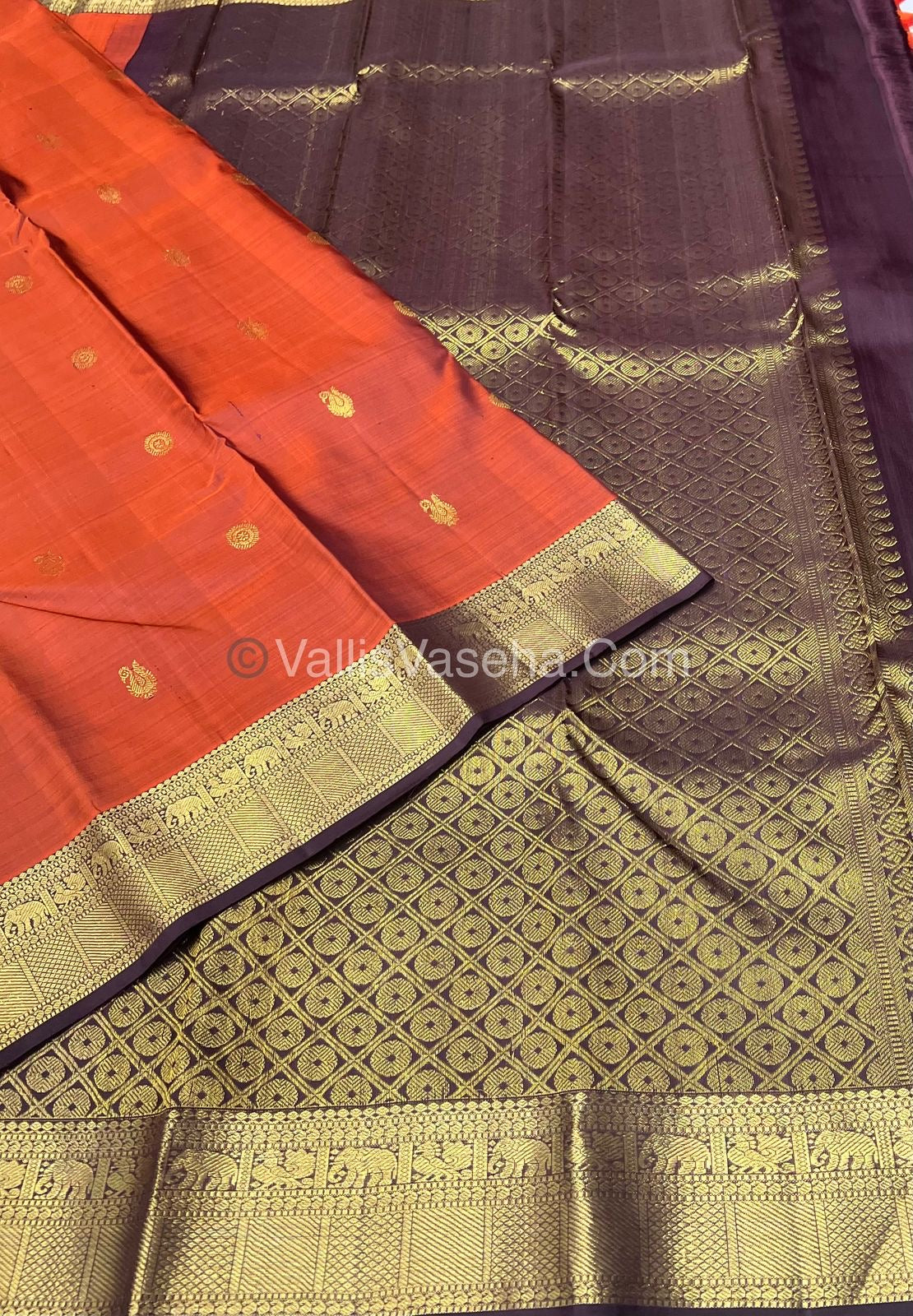 Pure Kanchipuram Silk Saree - Dark Rust Orange with Wine Brown Combo - VVPS021