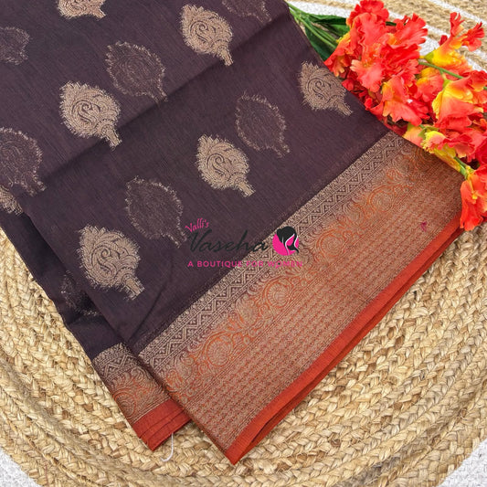 Bamboo Silk Saree - Brown With Rust Orange  - VVBSS019