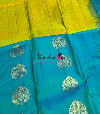 Pure Kanchipuram Silk Saree - Half & Half - Lemon Green with Turquoise Blue Shade - VVPS064