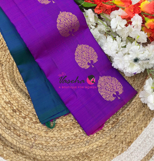 Pure Kanchipuram Silk Saree - Half & Half - Double Tone Peacock Blue with Purplish Pink Shade - VVPS065