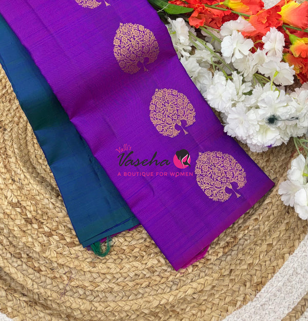 Pure Kanchipuram Silk Saree - Half & Half - Double Tone Peacock Blue with Purplish Pink Shade - VVPS065