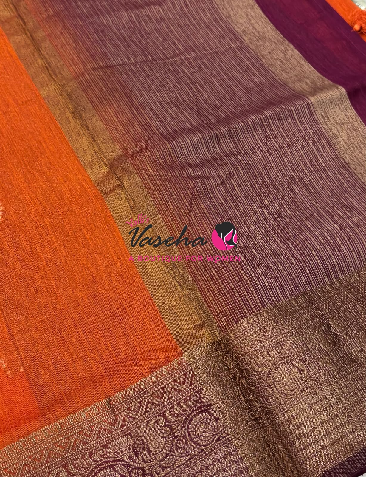 Bamboo Silk Saree - Rust Orange With Brown - VVBSS019
