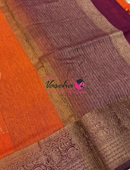 Bamboo Silk Saree - Rust Orange With Brown - VVBSS019