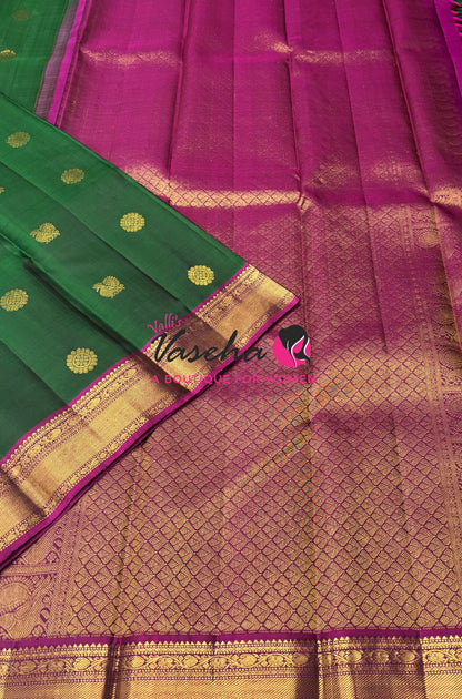 Pure Kanchipuram Silk Saree - Green  & Pink Combo - VVPS025
