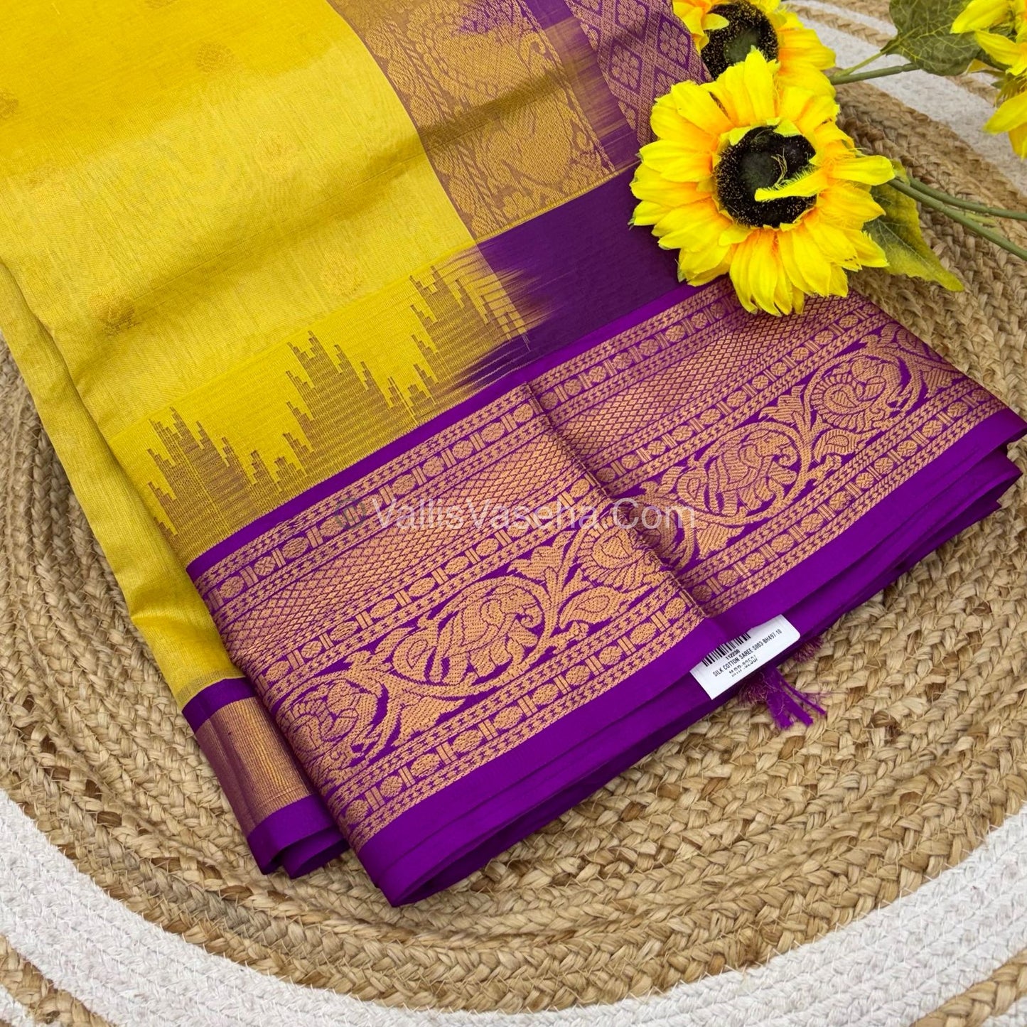 Pure Korvai Silk Cotton Saree - Yellow   with Purple   - VVKSC019
