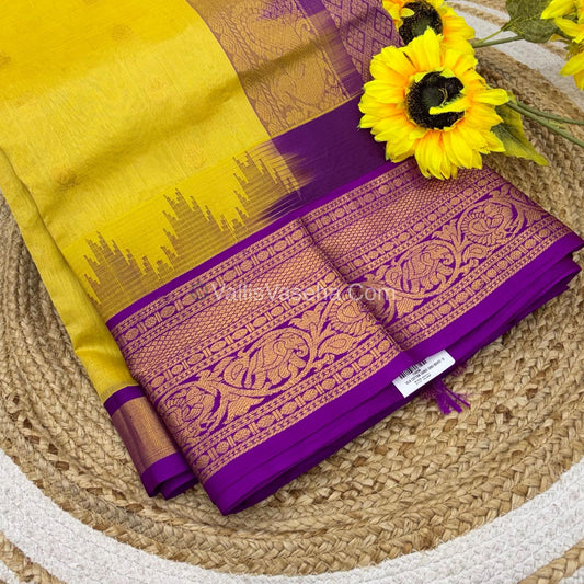Pure Korvai Silk Cotton Saree - Yellow   with Purple   - VVKSC019