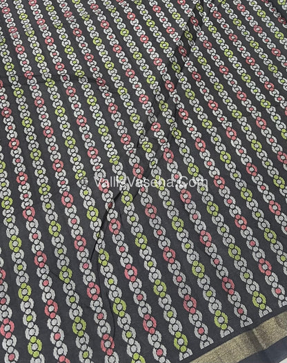 Semi Tussar / Semi Chappa Silk | Elephant Design| - Cream & Black Combo - VVSTS018