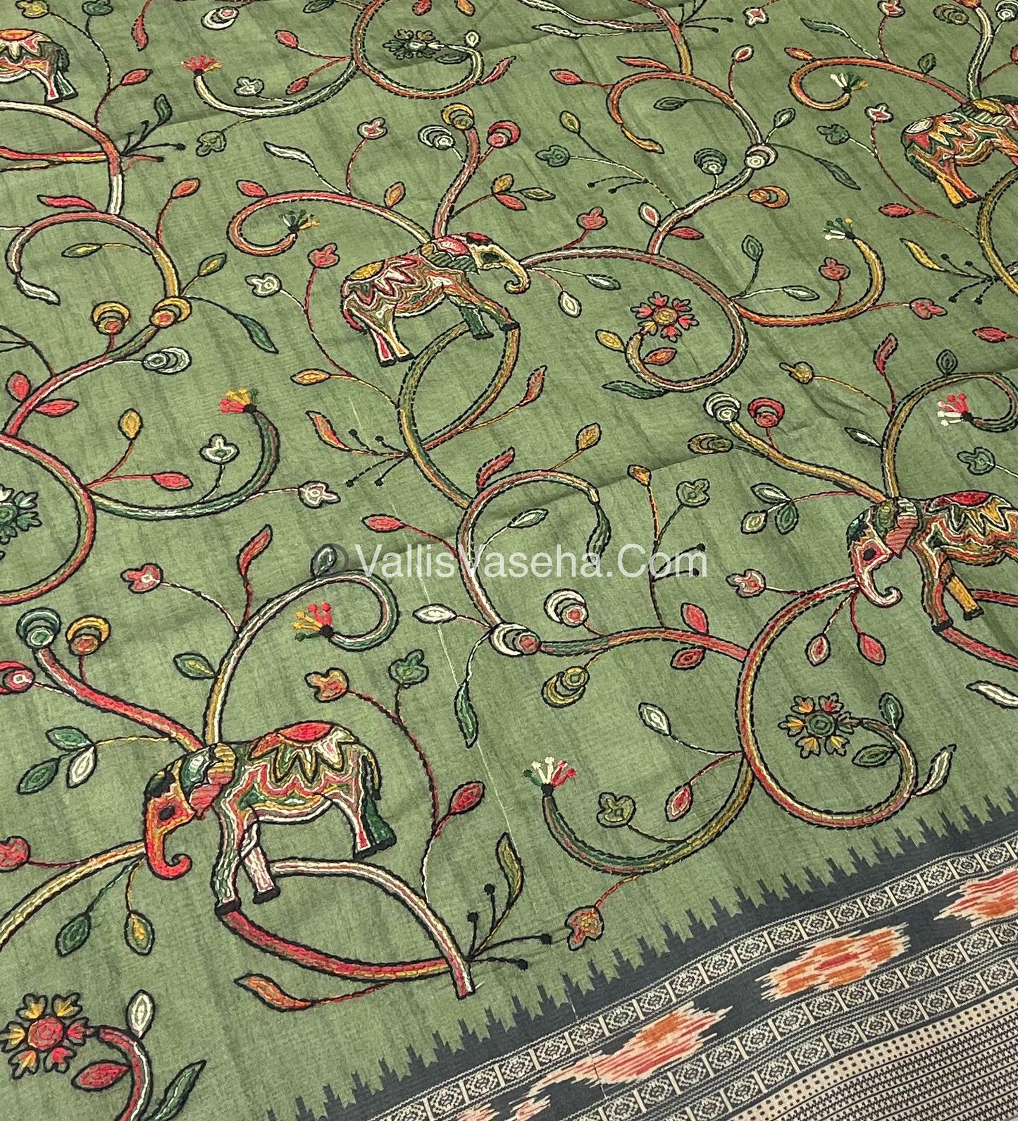 Semi Tussar - Kantha Work Embroidery - Green Shade - VVSTK001
