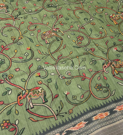 Semi Tussar - Kantha Work Embroidery - Green Shade - VVSTK001
