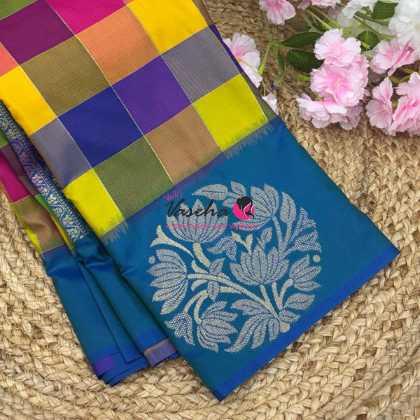 Semi Soft Silk  - Madras Checks Pattern - Peacock Blue Shade  - VVSSS042