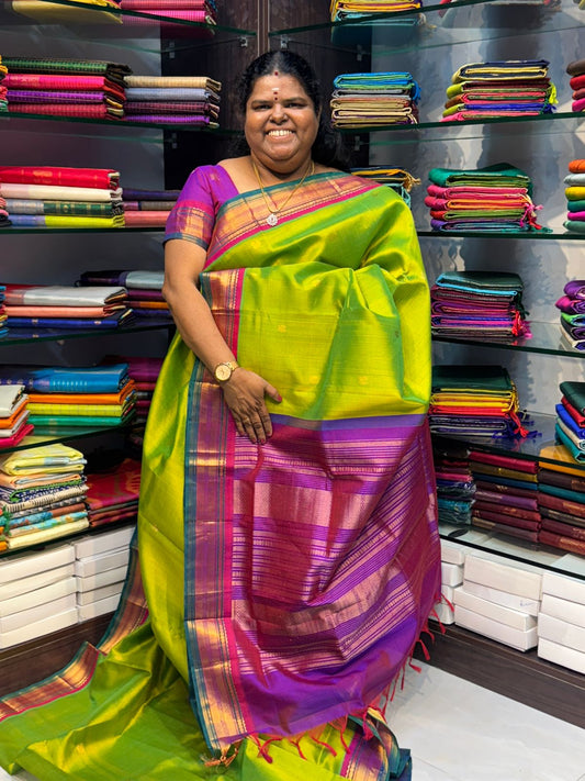 Pure Korvai Silk Cotton Saree - Sneha Green With  Purple Combo - VVKSC004