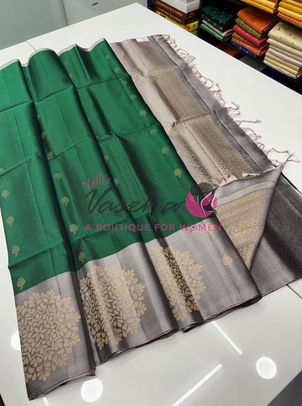 Pure Soft Silk Saree - (1.75 Warp) Shade Of Green & Grey Combo - VVPSS064