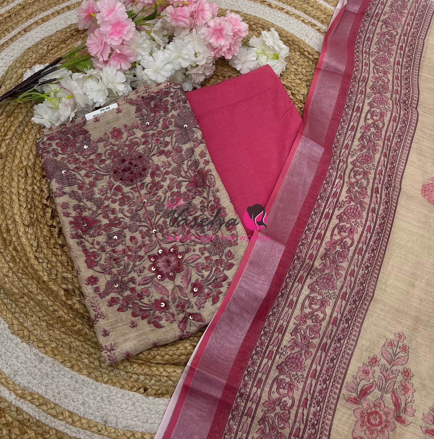 Unstitched Linen Material | Cream With Pink| VVUSM054