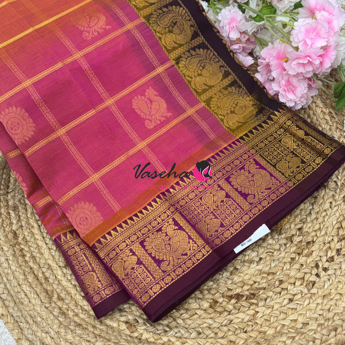 Pure Silk Cotton Saree - Mayil & Chakkaram Design - Peach With Brown  Shade -VVMC003