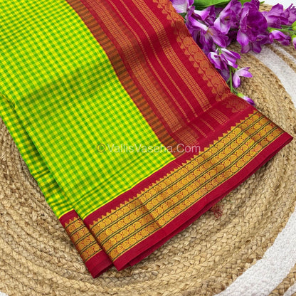 Pure Korvai Silk Cotton - Podi Kattam - Retta Petta Border - Yellow & Green & with Red - VVKSC003