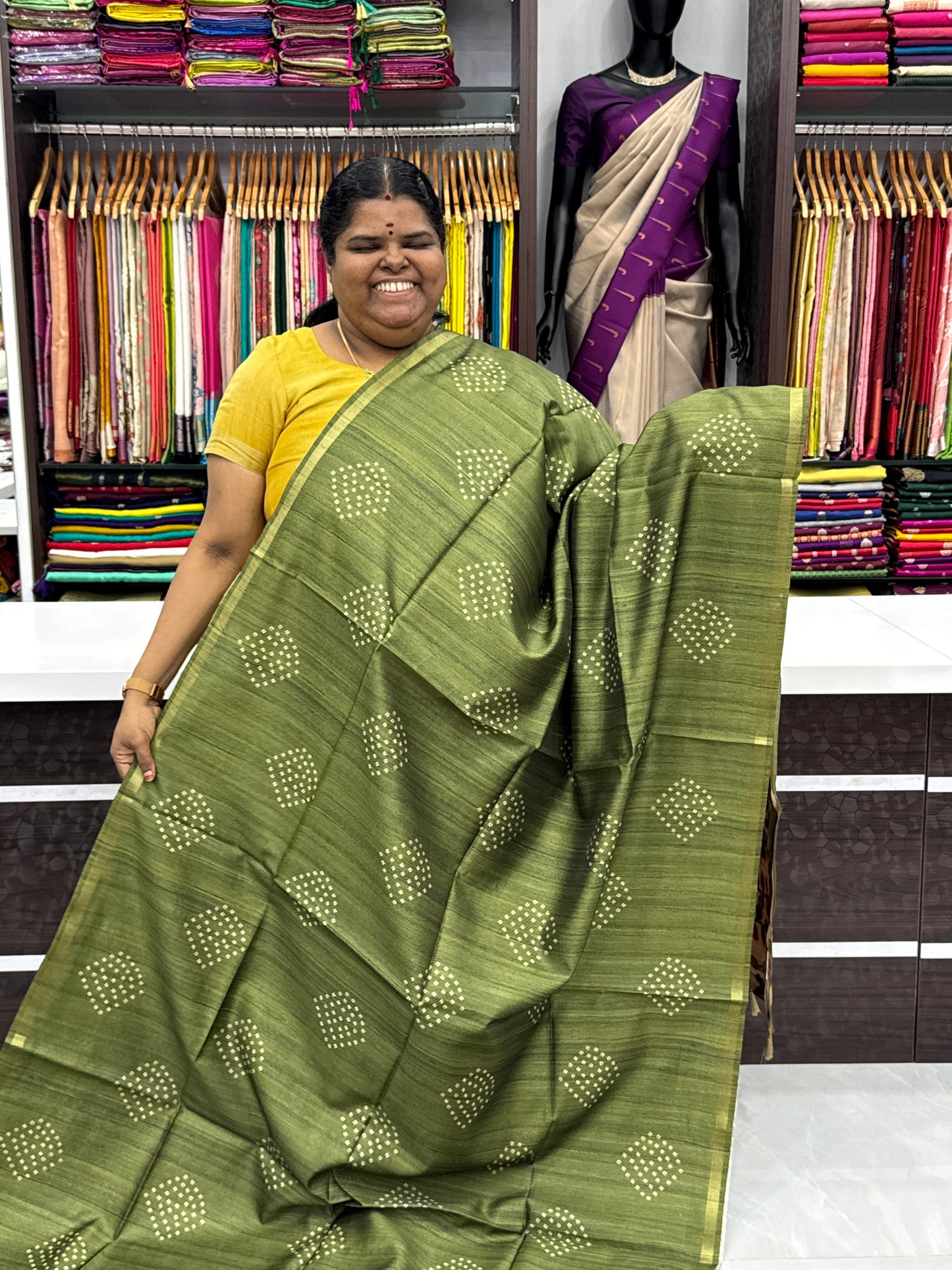 Semi Matka Tussar Silk Saree - Bandhini pattern - Green Shade - VVSMT001