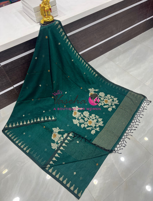 Bengal Kaddhi Cotton Saree | VVBKC001 |Ramar Greenish Blue