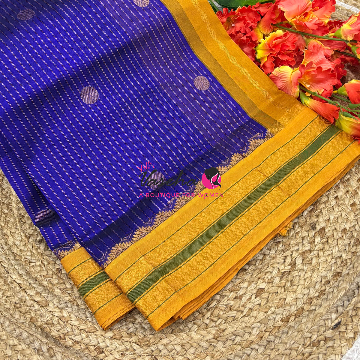 Pure Korvai Silk Cotton - Vairavoosi Lines - Blue With Yellow Shade  - VVKSC039