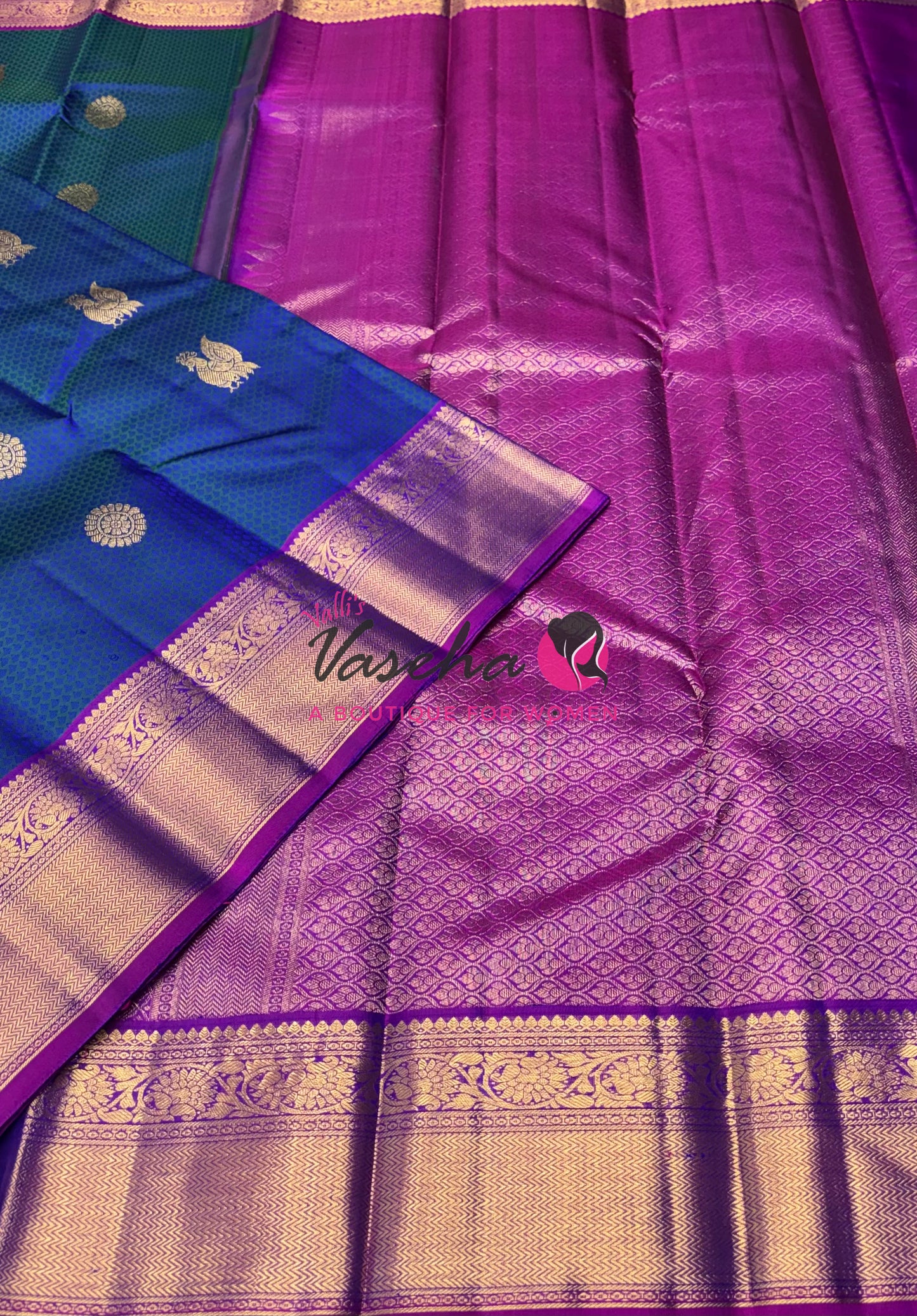 Pure Kanchipuram Bridal Silk Saree - Embossed Design - Peacock Blue With Purple Combo - VVPS023