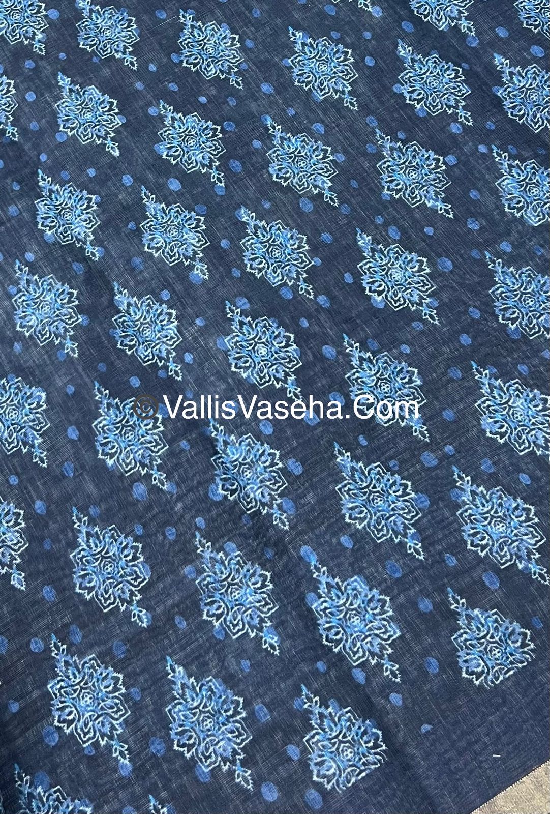 Linen Mixed Cotton Saree - Indigo Blue - Printed - VVLMP001