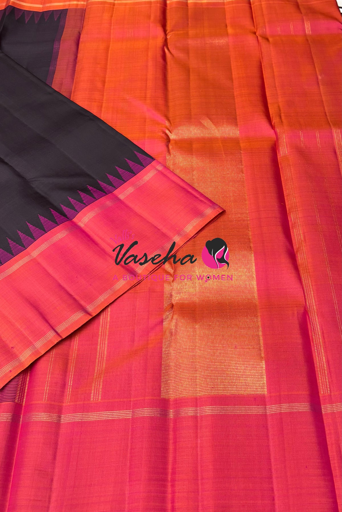 Pure Korvai Kanchipuram Silk Saree - Black With Peachish Pink - VVPS069