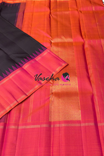 Pure Korvai Kanchipuram Silk Saree - Black With Peachish Pink - VVPS069