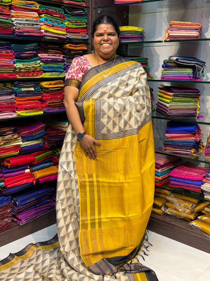 Pure Tussar Silk - Cream With Yellow & Black Shade - VVPTS001