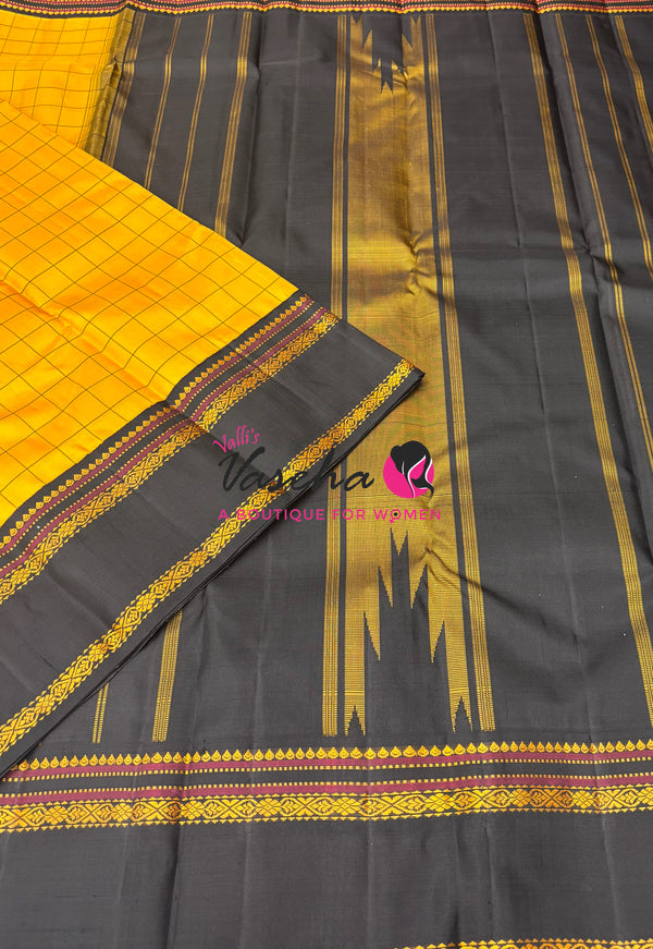 Pure Vintage Korvai Kanchipuram Silk Saree - Yellow & Black Combo - VVPS006