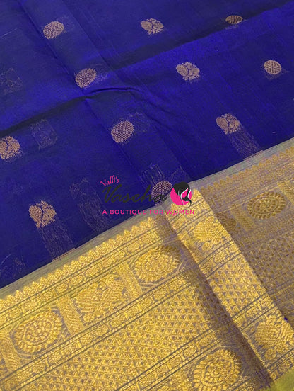 Pure Korvai Silk Cotton  -  Kanchi Border - Blue With Yellow Shade - VVKSC032