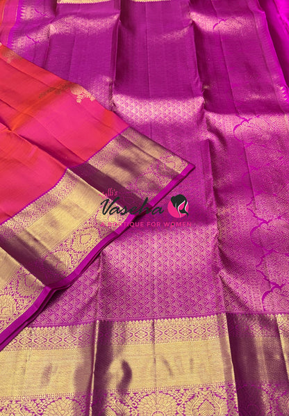 Pure Kanchipuram Silk Saree - Peach  With Pink - VVPS088
