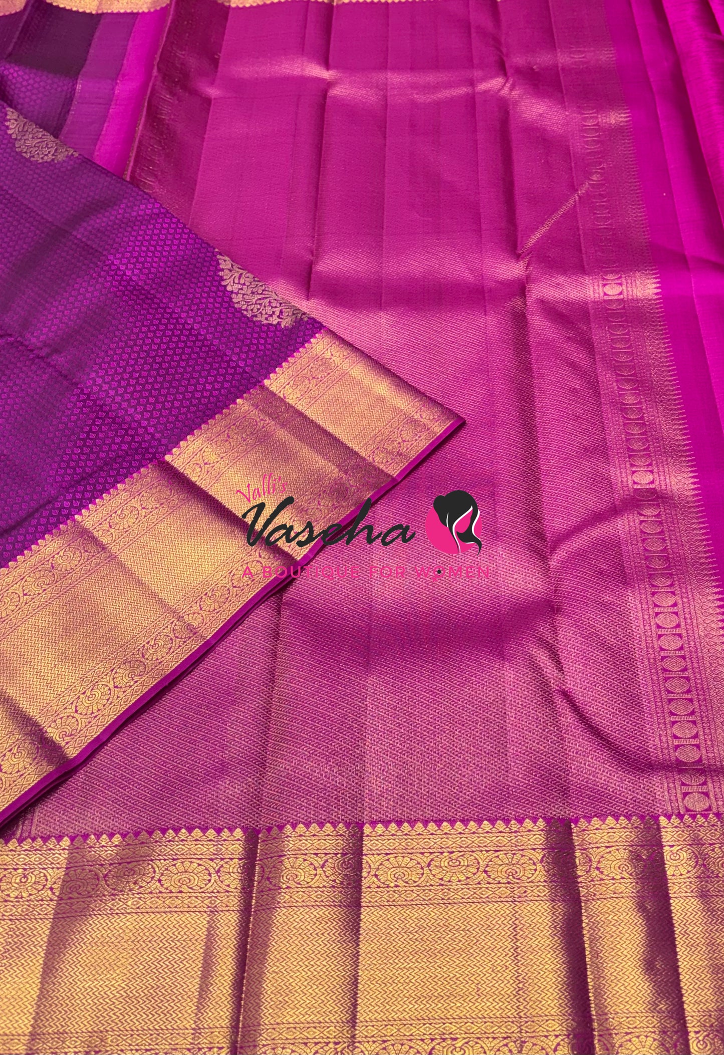 Pure Kanchipuram Bridal Silk Saree - Embossed Design - Purple With Pink Combo - VVPS023