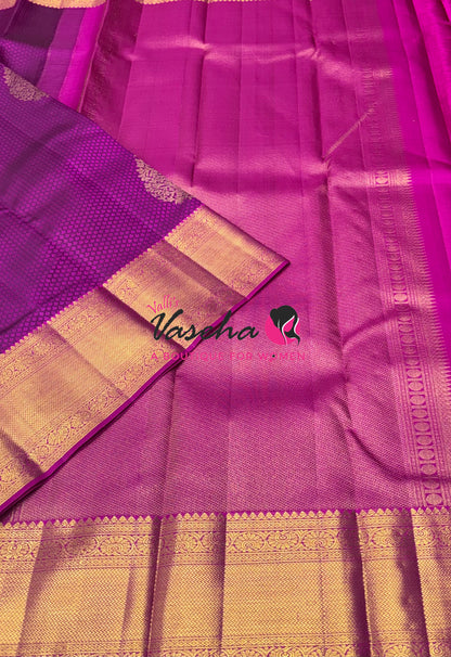 Pure Kanchipuram Bridal Silk Saree - Embossed Design - Purple With Pink Combo - VVPS023
