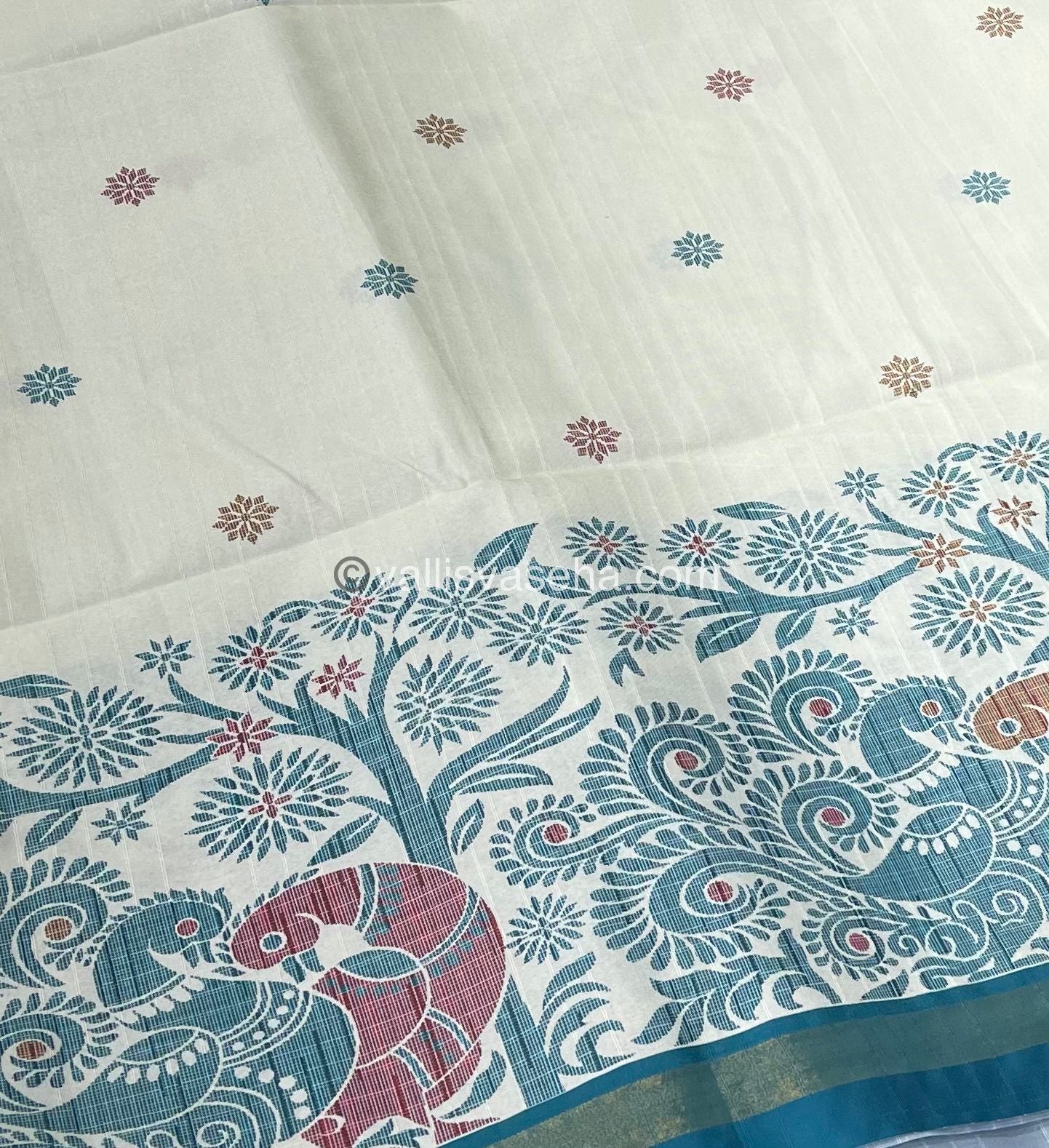 Semi Tussar / Semi Chappa Silk |Peacock Design | - Cream & Ramar Blue Combo - VVSTS018