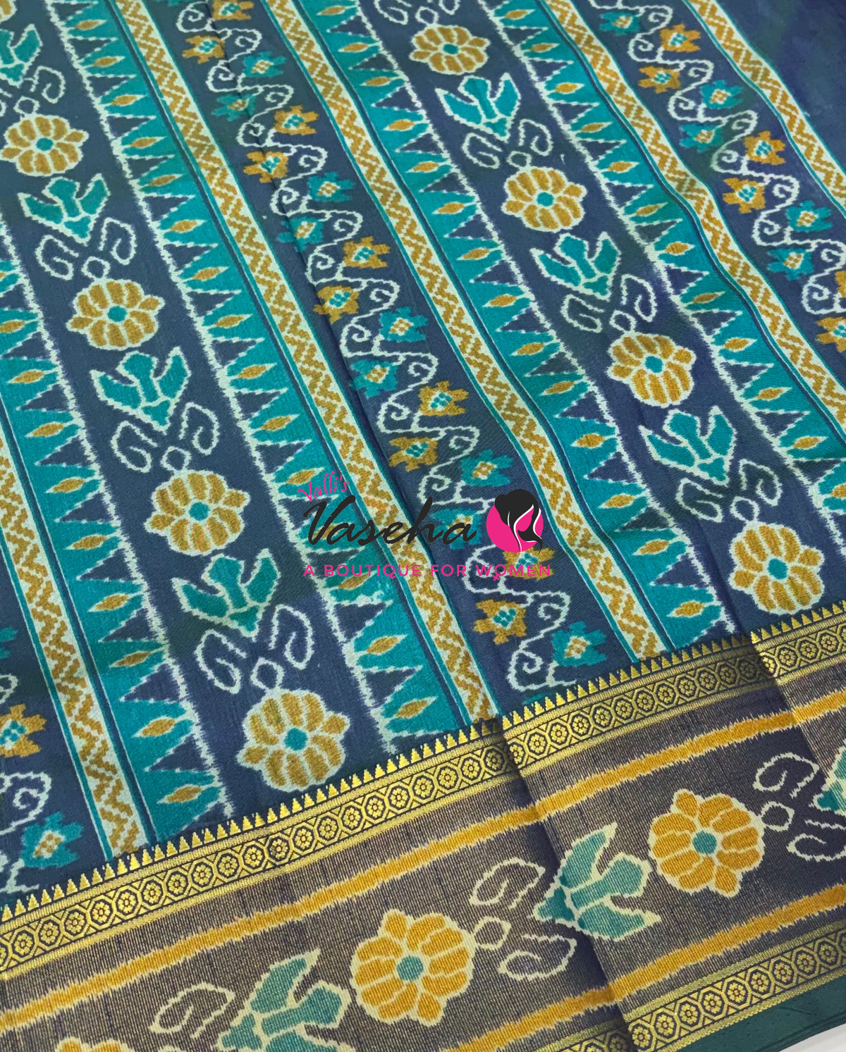 Semi Patola | Printed  Silk Saree - Light Blue With Peacock Blue Combo - VVSPS001
