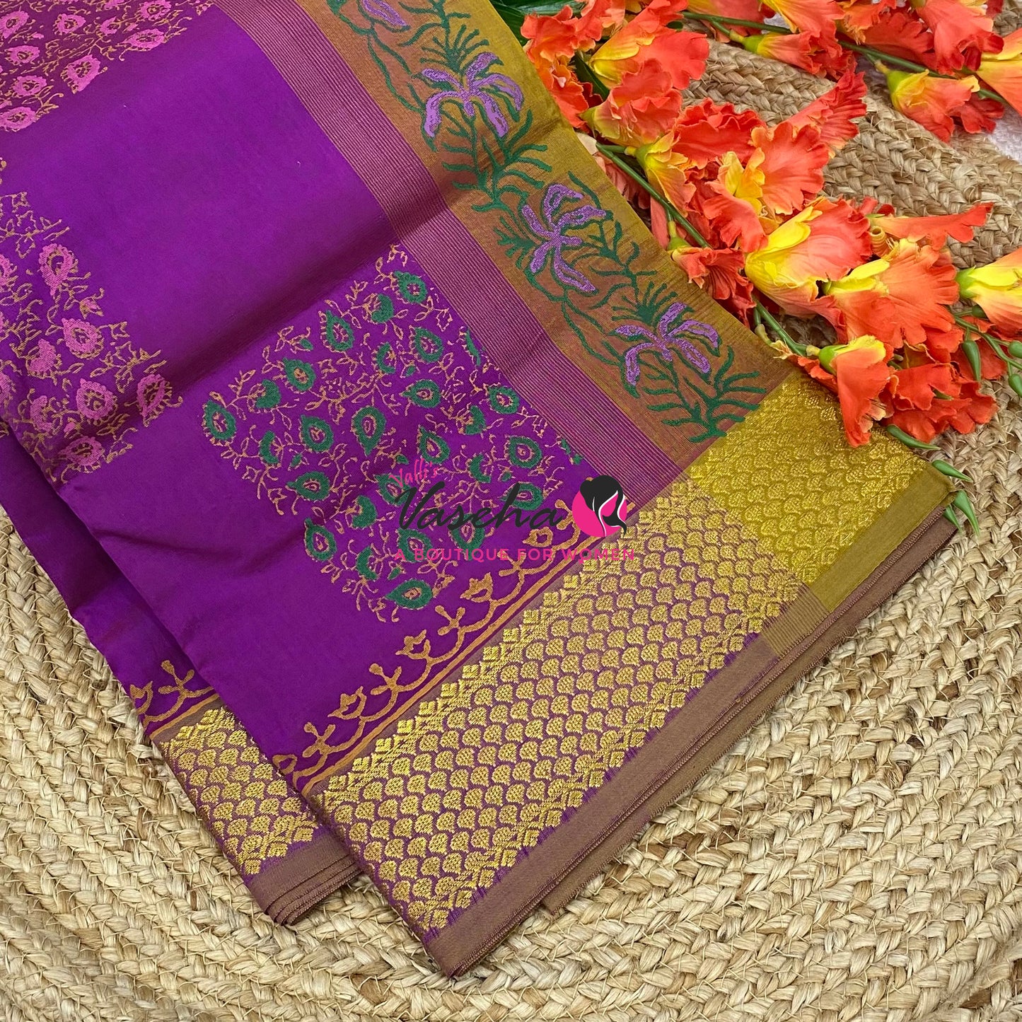 Pure Printed Silk Cotton Sarees - Purple with Green   - VVPSC004