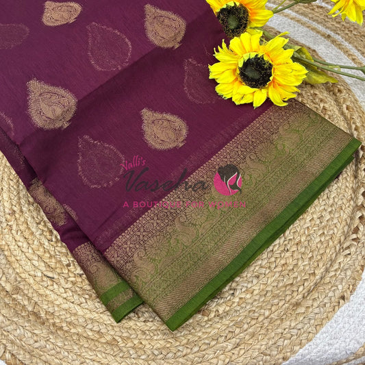 Bamboo Silk Saree- Maroon with Green Shade - VVBSS013