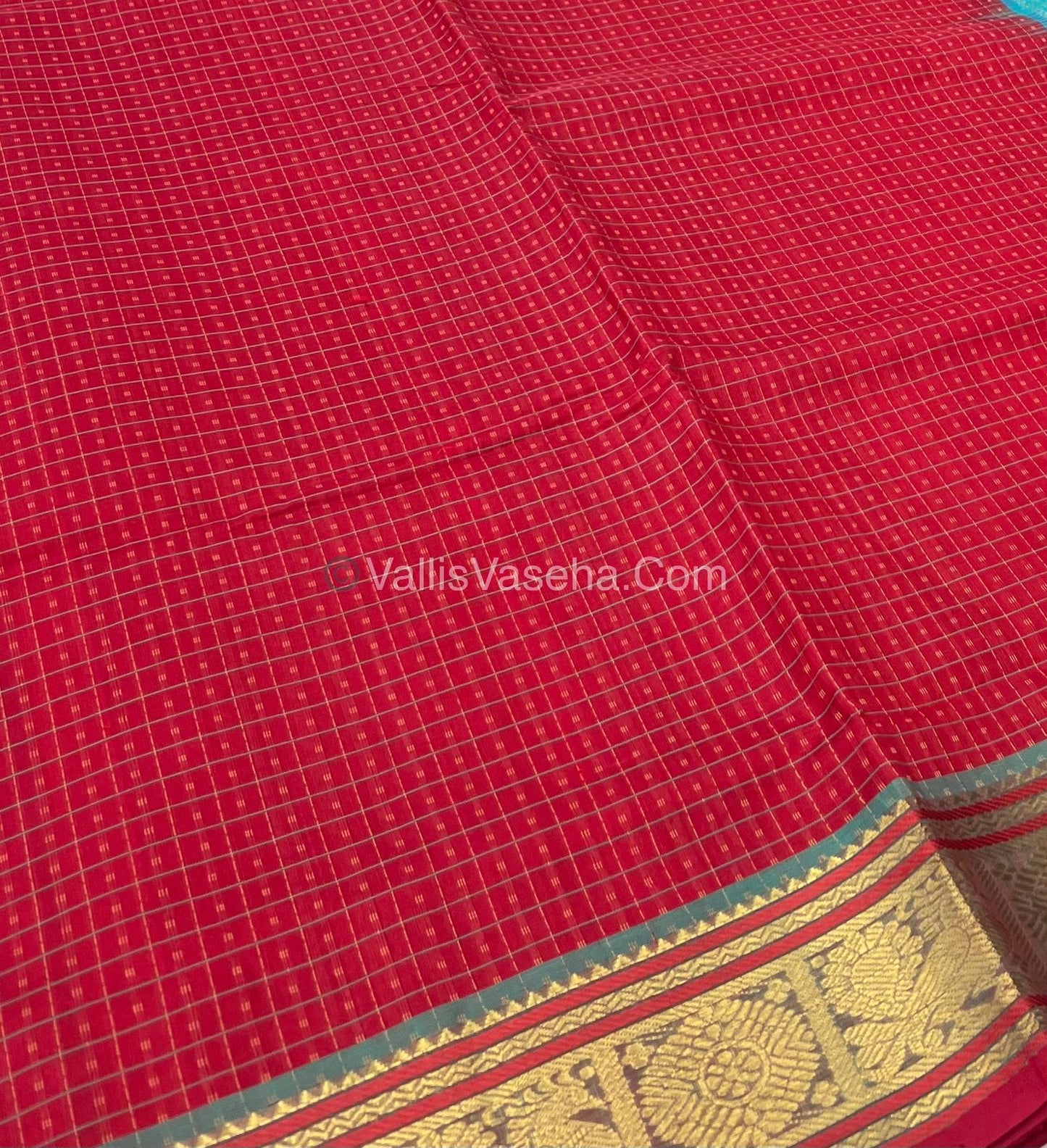 Pure Silk Cotton Saree - Red With Blue - Lakshadeepam Design - VVPLD001