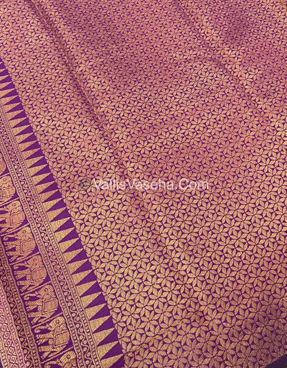 Semi Silk Saree - Kanchi Silk Style - Elephant Border - Green with Purple- VVSSS005