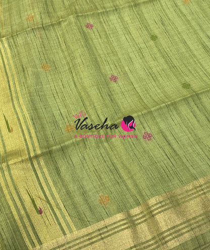Muga Tissue Linen Saree - Green Shade - VVMLT002
