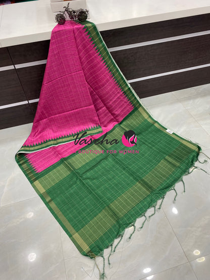 Semi Art Tussar Silk  / Art Silk - Pink & Green - VVATS008
