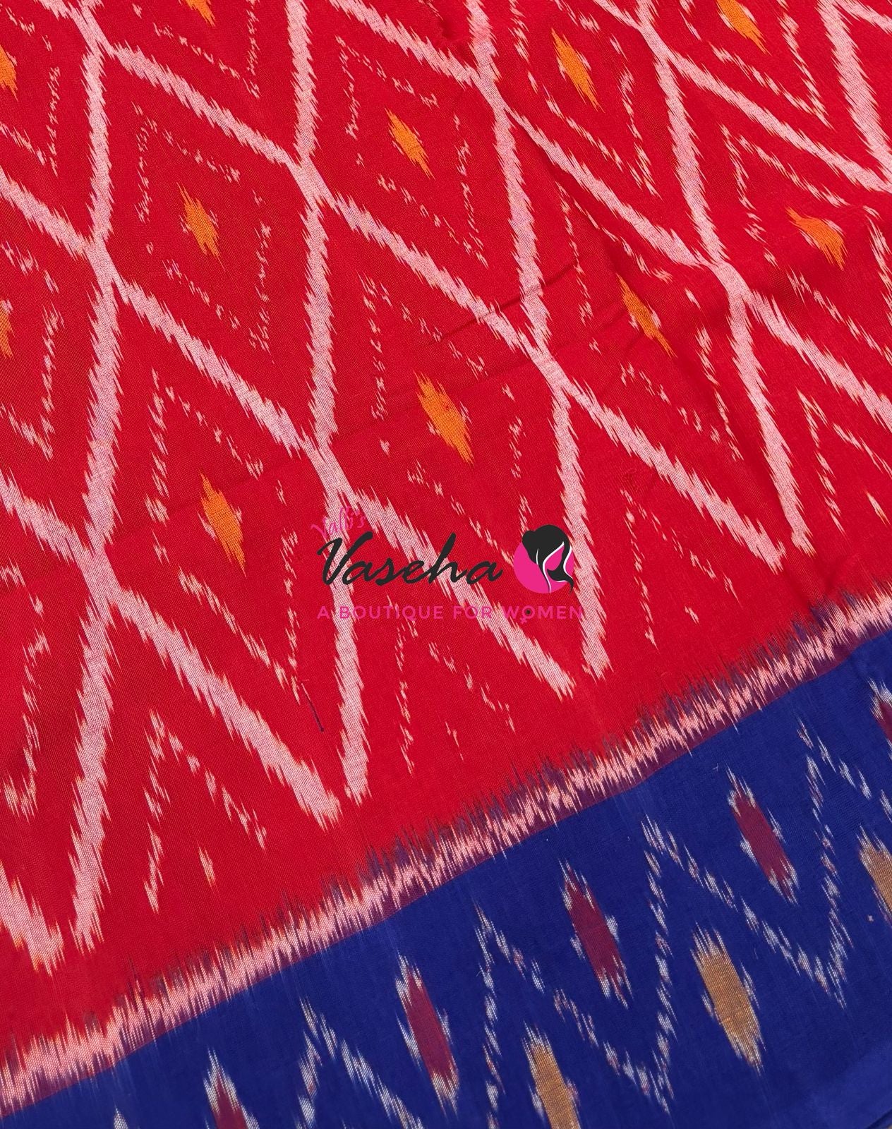 Double Ikkat Pure Cotton Saree -  Blue With Red  - VVIKS002