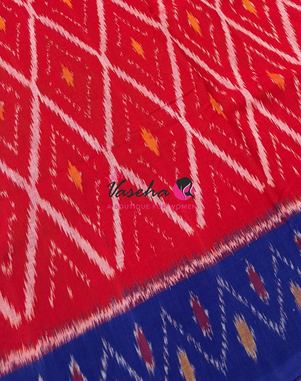 Double Ikkat Pure Cotton Saree -  Blue With Red  - VVIKS002